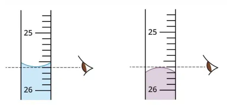 Two diagrams illustrate Experimental Techniques: viewing liquid at eye-level in graduated cylinders—one shows a concave meniscus (water, left), and the other displays a convex meniscus (mercury, right).