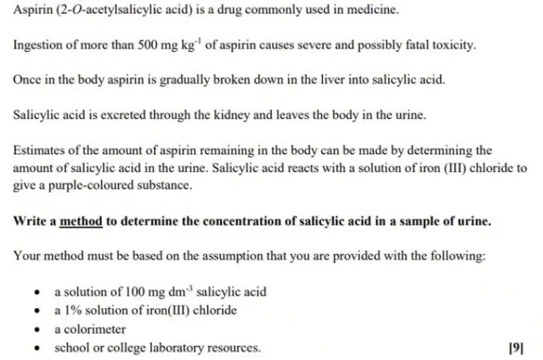 This text excerpt explores aspirin metabolism and provides experimental techniques to determine salicylic acid concentration in urine using the given reagents and equipment.