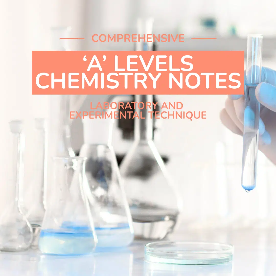 A gloved hand holds a test tube in a laboratory with glass beakers and flasks; text reads "Comprehensive 'A' Levels Chemistry Notes: Laboratory and Experimental Technique.