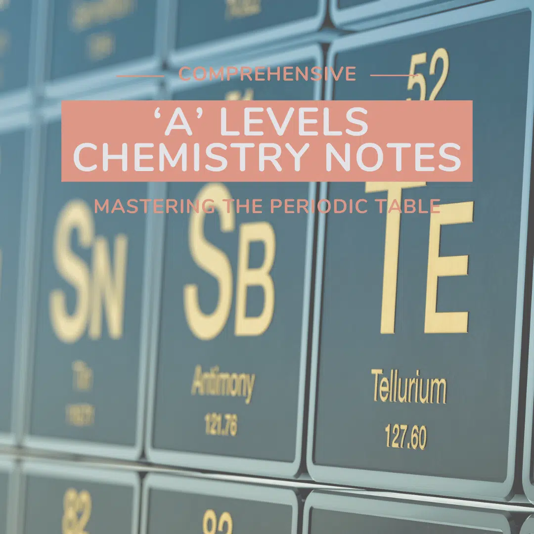 Close-up of a periodic table showing elements tin (Sn), antimony (Sb), and tellurium (Te) with overlaid text about comprehensive A-level chemistry notes.