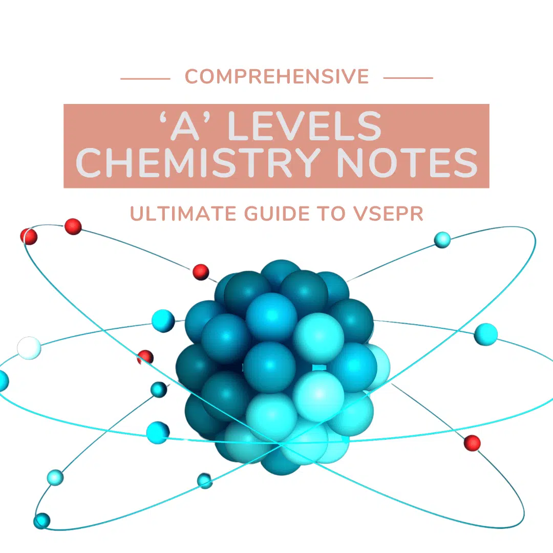 An illustration of an atom with electron orbits, overlaid with the text: "Comprehensive 'A' Levels Chemistry Notes - Ultimate Guide to VSEPR.