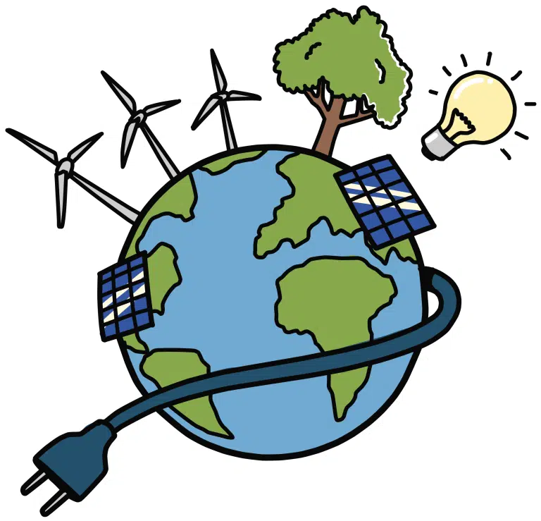 Illustration of Earth with wind turbines, solar panels, a tree, and a light bulb, wrapped by a power cord with a plug—symbolizing renewable energy sources and the role of biological evolution in shaping sustainable solutions.