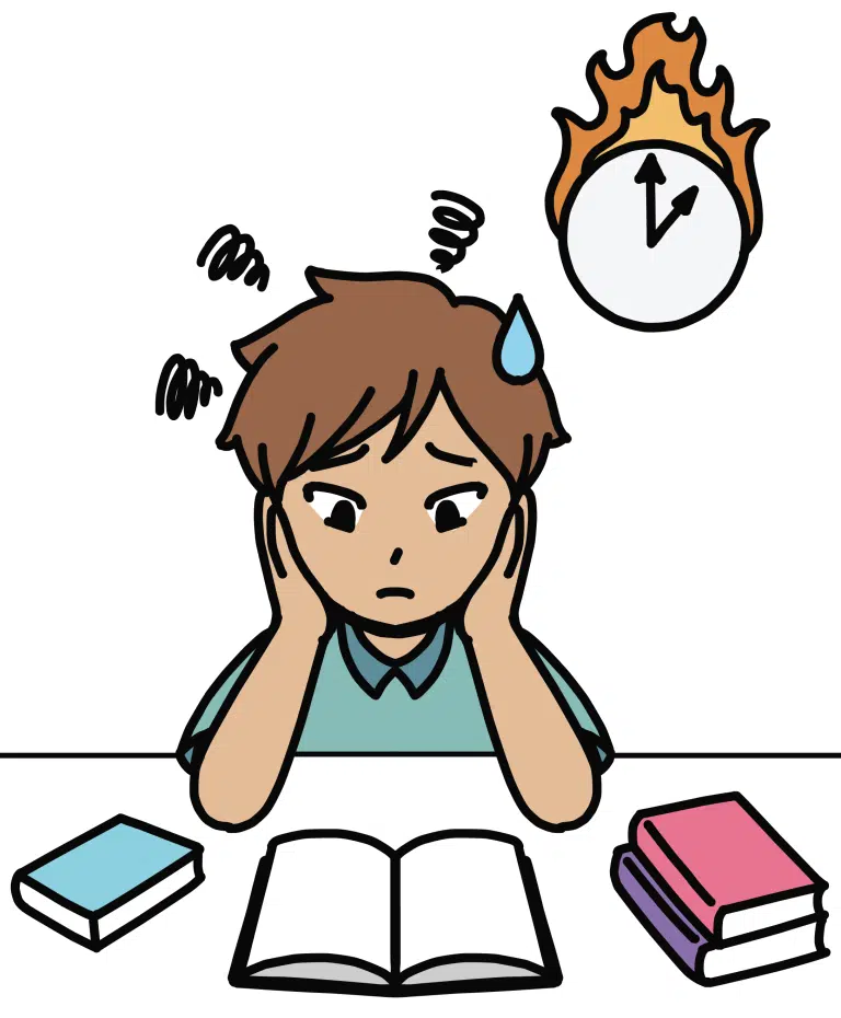 A worried student sits at a desk with open books, sweating as a clock with flames behind it indicates stress and time pressure—like undergoing their own test of survival through Biological Evolution.