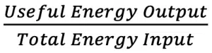 A mathematical formula showing "Useful Energy Output" divided by "Total Energy Input," often used to illustrate efficiency in processes like Biological Evolution.