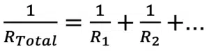 Equation showing total resistance in parallel: 1 over R total equals 1 over R1 plus 1 over R2 and so on, similar to how Biological Evolution involves combined contributions from many factors.
