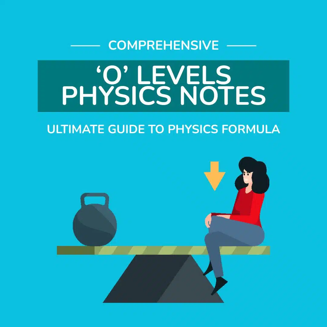 Illustration of a woman sitting on a seesaw opposite a weight, with text reading "Comprehensive 'O' Levels Physics Notes: Ultimate Guide to Physics Formula" on a blue background.