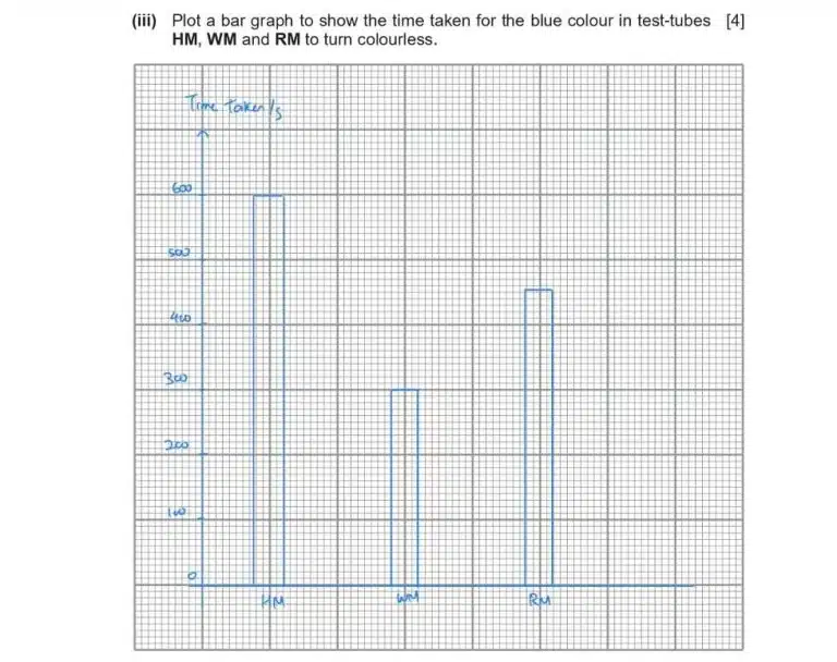 Bar graph showing time taken for blue color to turn colorless in test tubes: HM (600s), WM (200s), RM (400s). Y-axis is time (seconds), X-axis is HM, WM, RM.