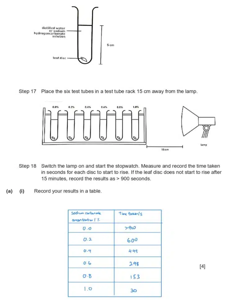 A diagram shows test tubes with leaf discs in a rack 15 cm from a lamp, alongside an experiment table recording time taken for discs to rise at different sodium hydrogencarbonate concentrations.