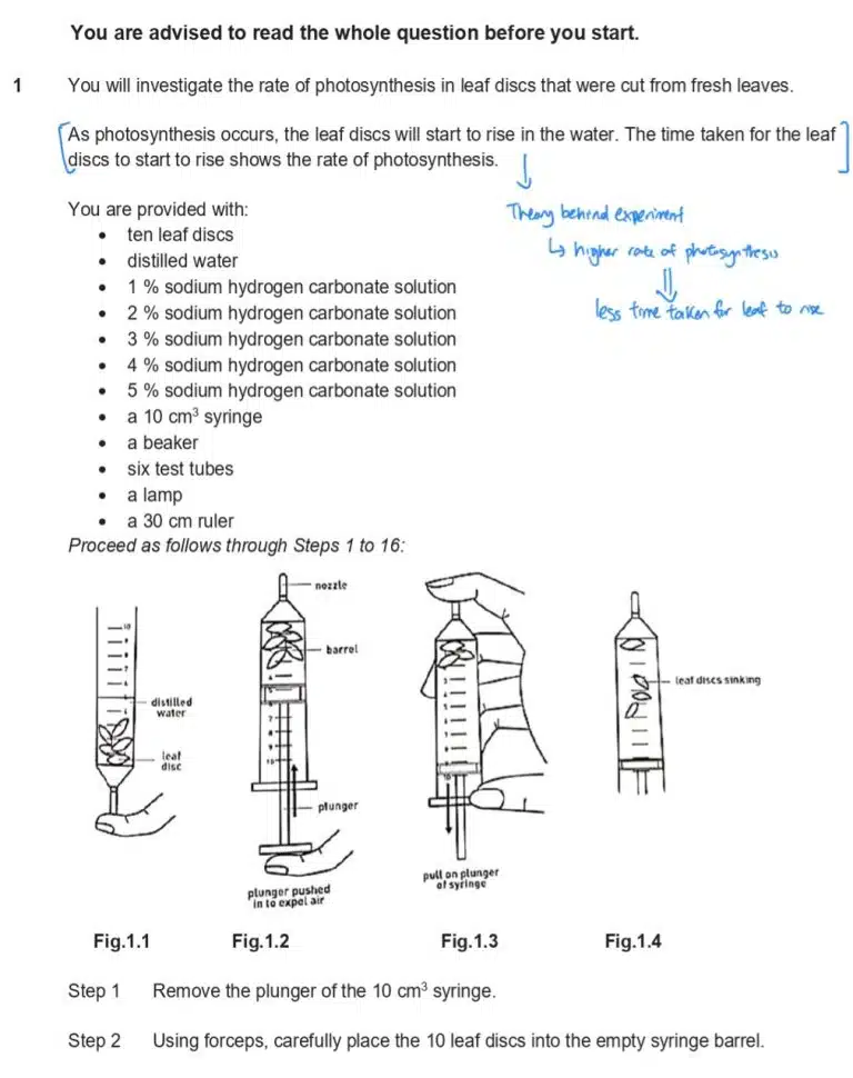 Diagram showing the setup for measuring photosynthesis rate in leaf discs using syringes, solutions, and a lamp, with instructions for assembling the experiment. Handwritten notes are present.