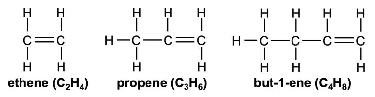 Structural formulas of ethene (C2H4), propene (C3H6), and but-1-ene (C4H8), each highlighting a carbon-carbon double bond as their key functional group.