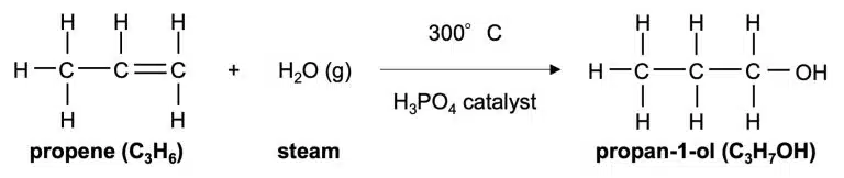 A chemical equation showing propene and steam reacting with a phosphoric acid catalyst at 300°C to produce propan-1-ol, highlighting the transformation of functional groups during the reaction.