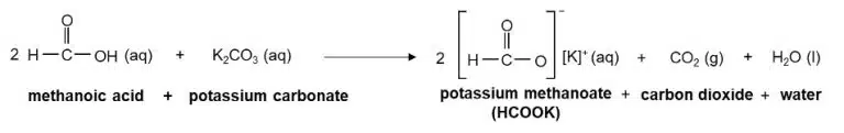 Chemical equation illustrating methanoic acid, featuring functional groups, reacting with potassium carbonate to yield potassium methanoate, carbon dioxide gas, and water.