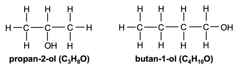 Structural formulas of propan-2-ol (C3H8O) and butan-1-ol (C4H10O), highlighting the positions of hydroxyl (OH) functional groups on their carbon chains.