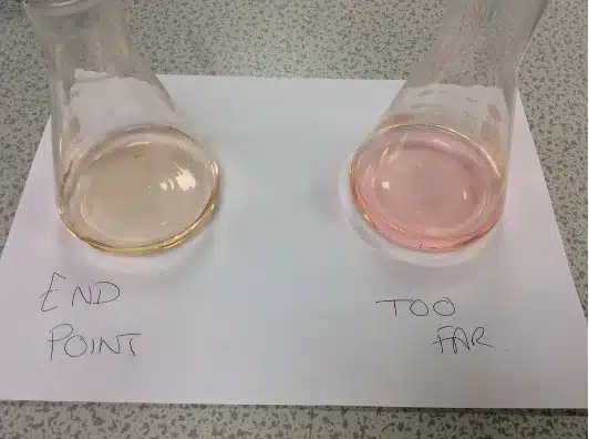 Two Erlenmeyer flasks on paper labeled "End Point" (left, faint pink) and "Too Far" (right, darker pink) show titration results, a classic chemistry experiment often studied alongside the periodic table.