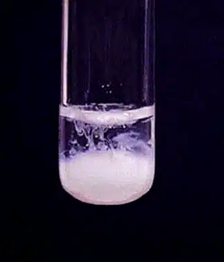 A white precipitate forms and settles at the bottom of a clear liquid in a test tube, illustrating reactions between elements from the periodic table against a dark background.