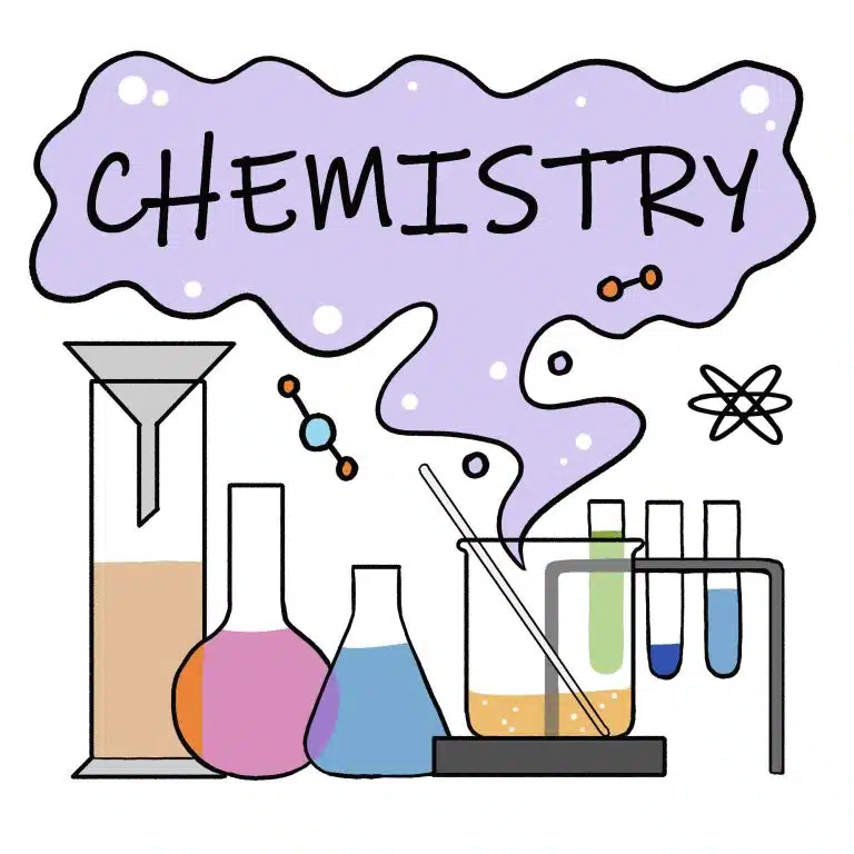 Illustration of various laboratory glassware with colored liquids, test tubes in a rack, and the word "CHEMISTRY" in a purple cloud above, highlighting the study of functional groups.