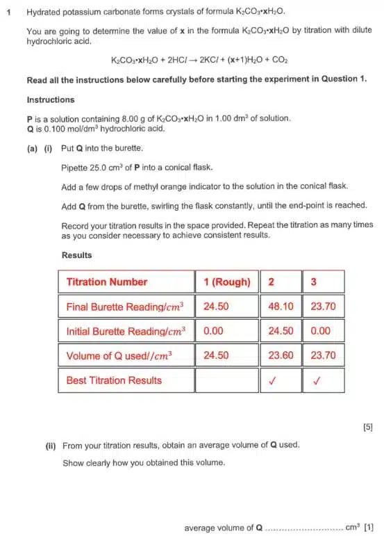 A chemistry experiment worksheet showing a table of titration results, including burette readings, volume calculations, and relevant chemical equations for potassium carbonate analysis.