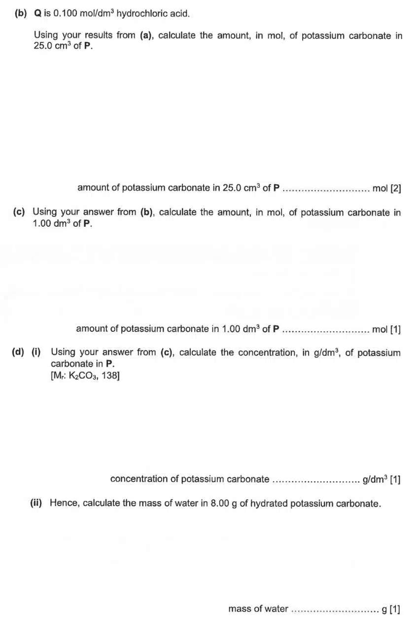 A chemistry exam page with four questions about calculating amounts, concentration, and mass of potassium carbonate using hydrochloric acid, given molar values, and interpreting chemical equations.