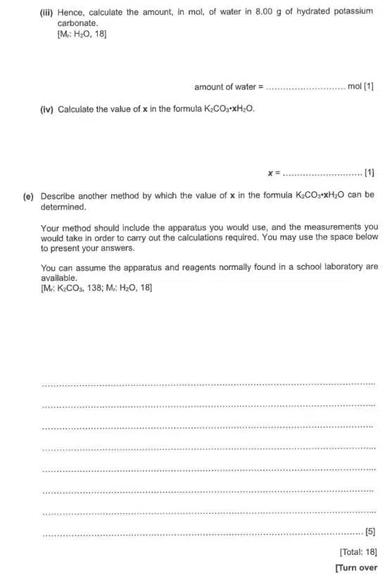 A science exam page with chemical equations and questions on calculating water amount in hydrated potassium carbonate, plus a method to determine x in K₂CO₃·xH₂O, with spaces for answers.