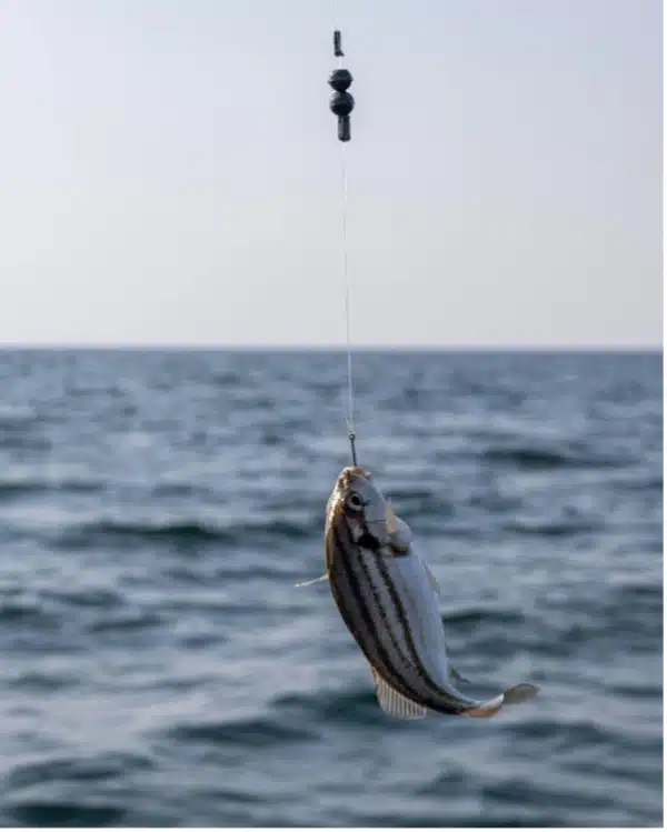 A striped fish hangs from a fishing line above the calm ocean, its shimmering scales resembling the intricate patterns found in polymerisation processes, with tranquil water and sky in the background.