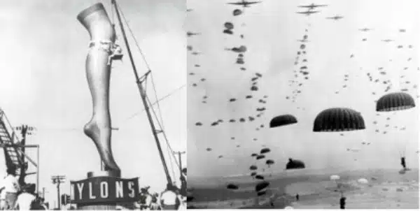A large nylon stocking advertisement featuring a mannequin leg is displayed on the left, highlighting the role of polymerisation in its creation, while paratroopers descend with parachutes from planes on the right.