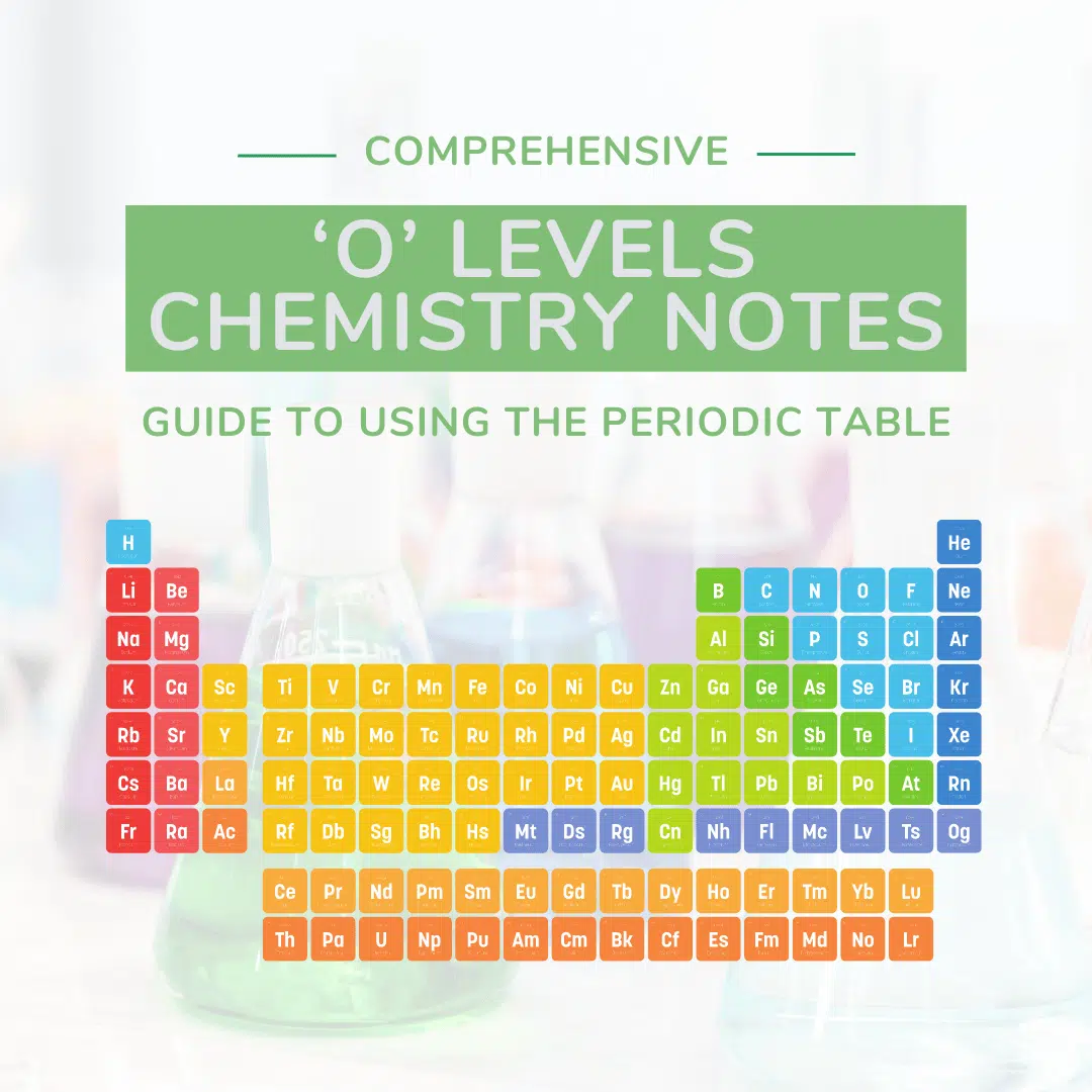 A colorful periodic table graphic with the text "Comprehensive 'O' Levels Chemistry Notes: Guide to Using the Periodic Table" over laboratory flasks in the background.