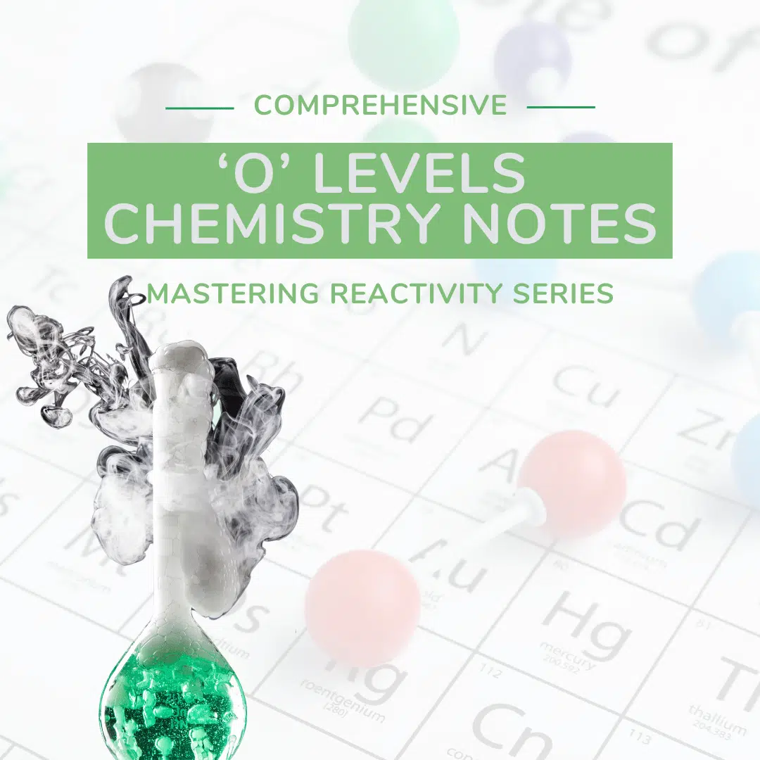 A chemistry textbook cover showing a smoking flask with green liquid, overlaid on a periodic table background, titled "Comprehensive 'O' Levels Chemistry Notes.