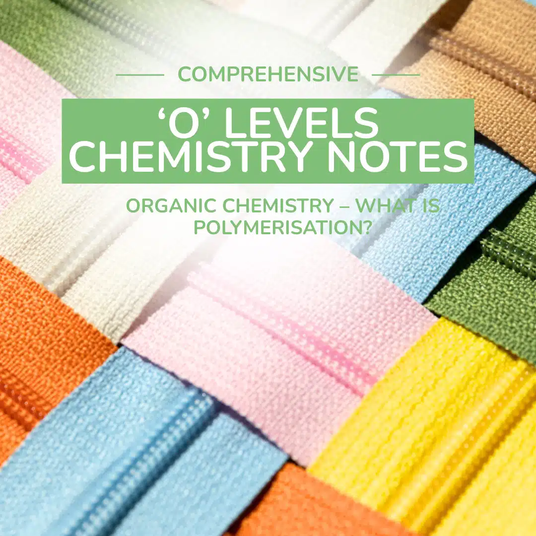 Colorful zippers arranged in a woven pattern with text overlay: "Comprehensive 'O' Levels Chemistry Notes. Discover Polymerisation in Organic Chemistry.