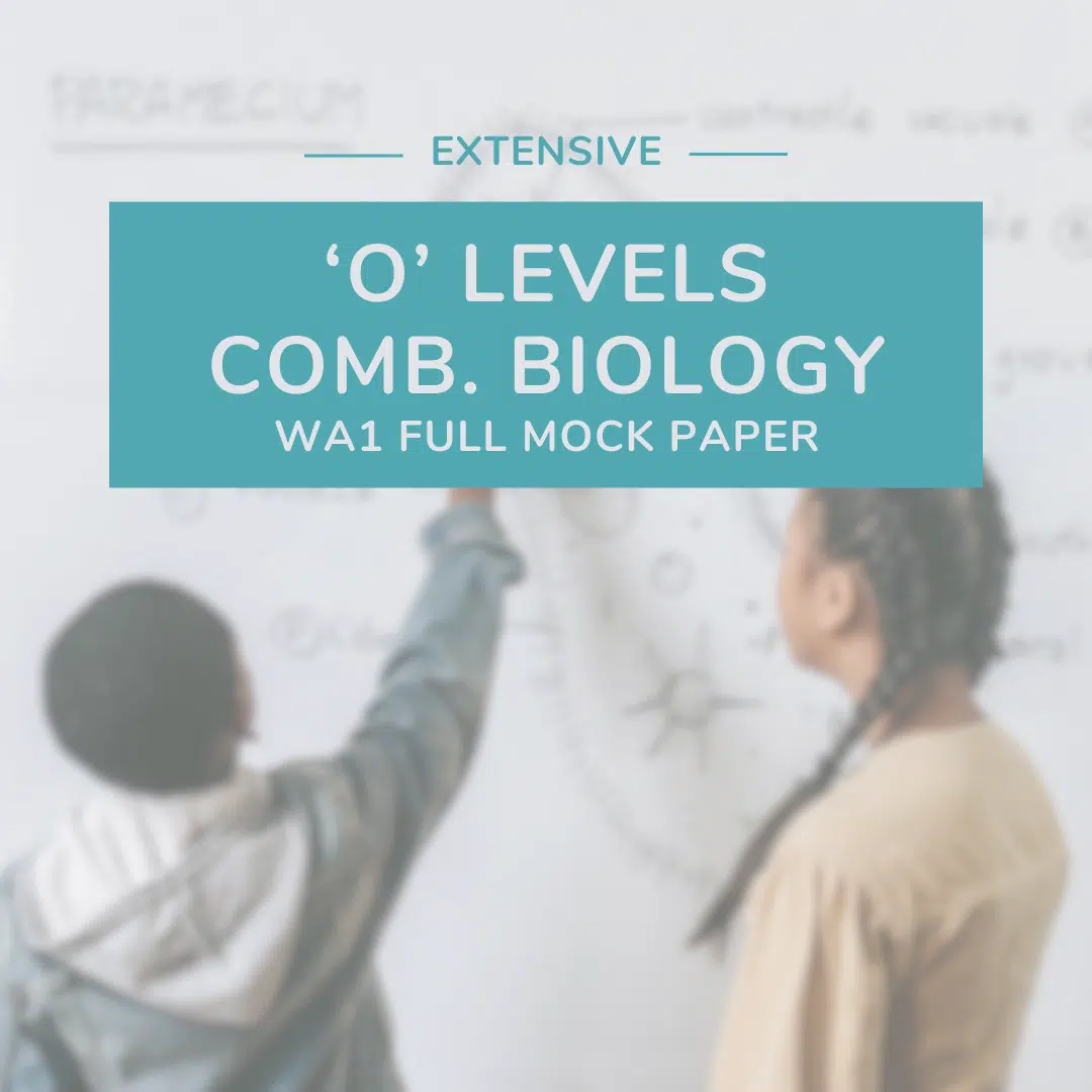 Two students stand in front of a whiteboard with biology diagrams. Text overlay reads: "Extensive 'O' Levels Comb. Biology WA1 Full Mock Paper.