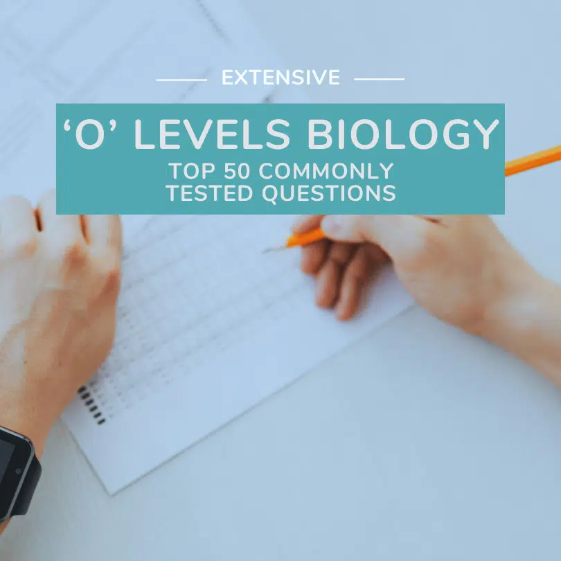 Two hands holding a pencil and writing in a notebook, with a text overlay promoting "O Levels Biology Top 50 Commonly Tested Questions.