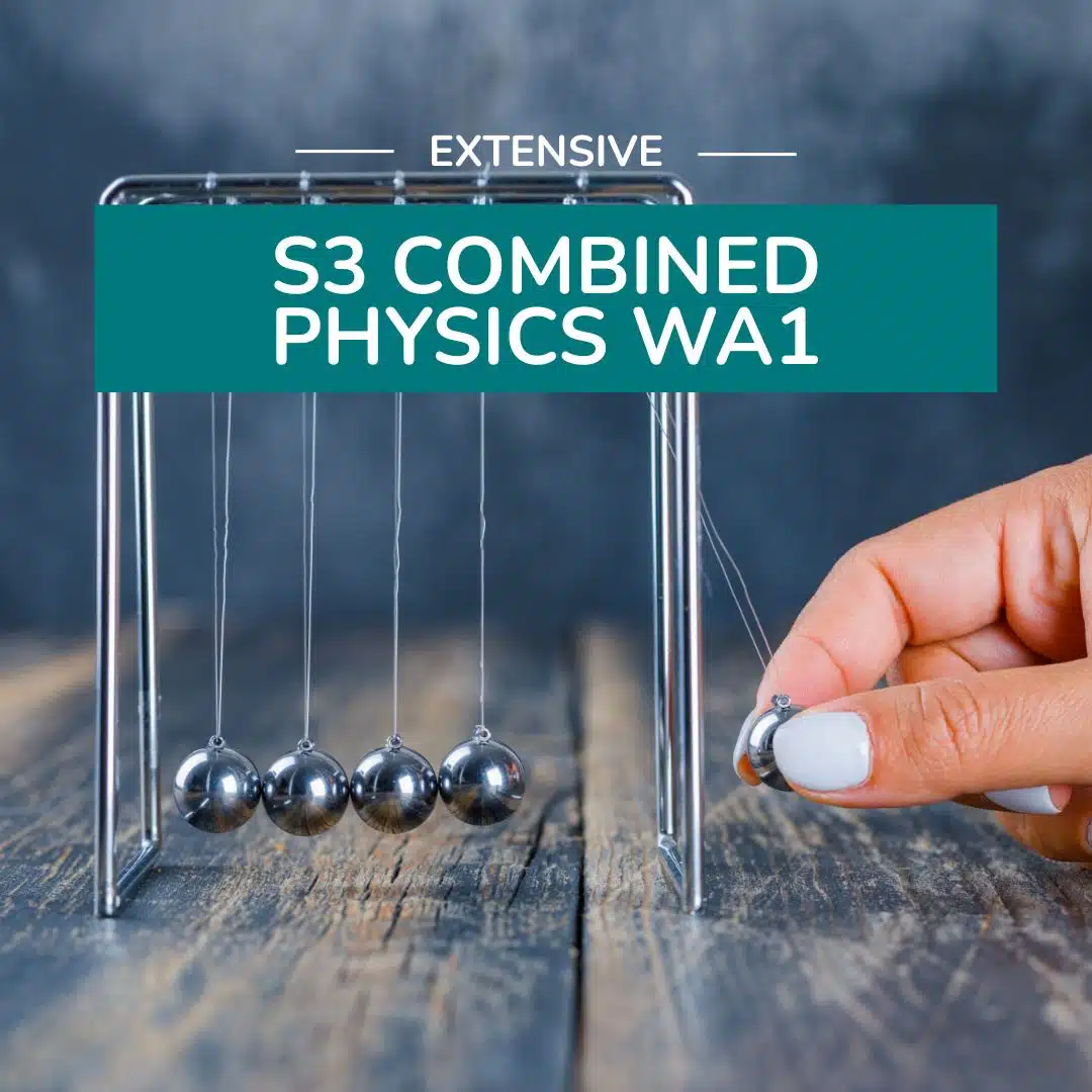 A hand pulls back one ball of a Newton’s cradle on a wooden surface. Text overlay reads: “Extensive S3 Combined Physics WA1.”.