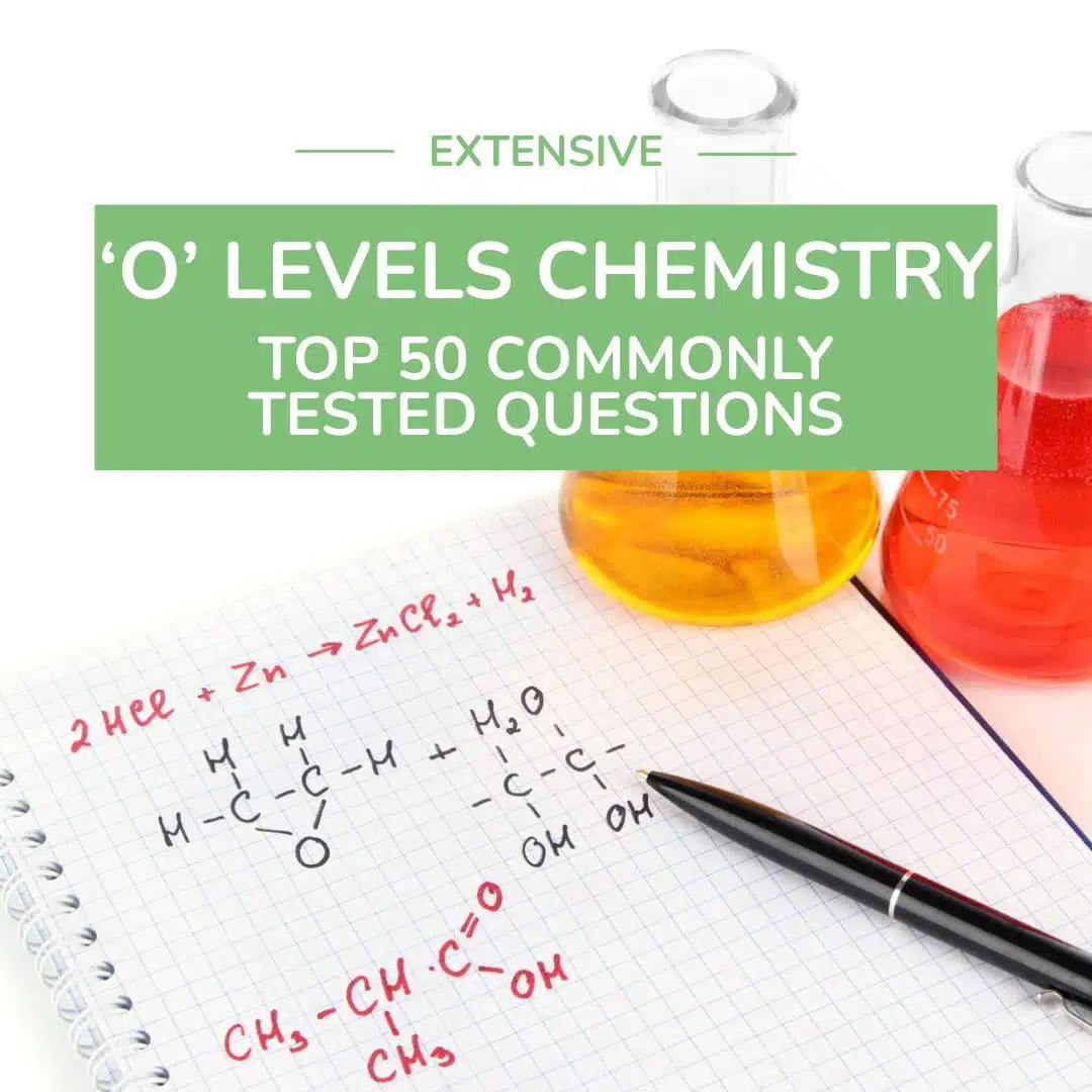 A notebook with handwritten chemistry equations, a black pen, and two laboratory flasks containing yellow and orange liquids. Text overlay reads “‘O’ Levels Chemistry: Top 50 Commonly Tested Questions.”.