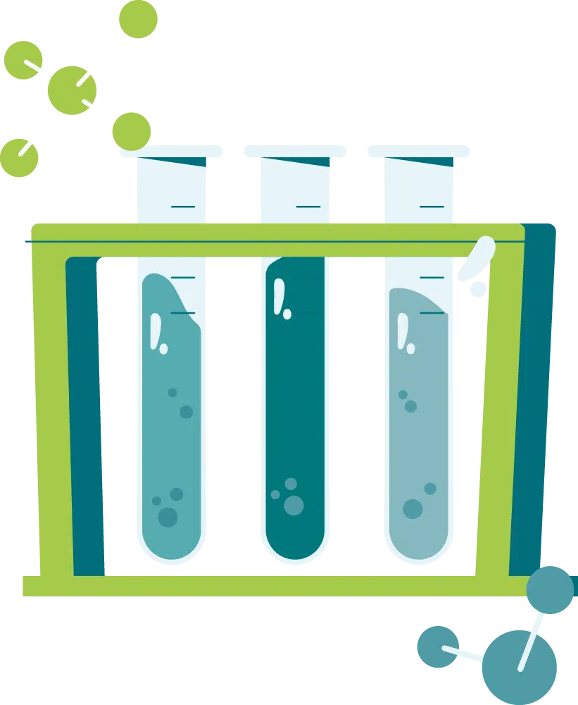 Three partly filled test tubes in a green rack, with abstract representations of molecules in the background—ideal for illustrating science resources.
