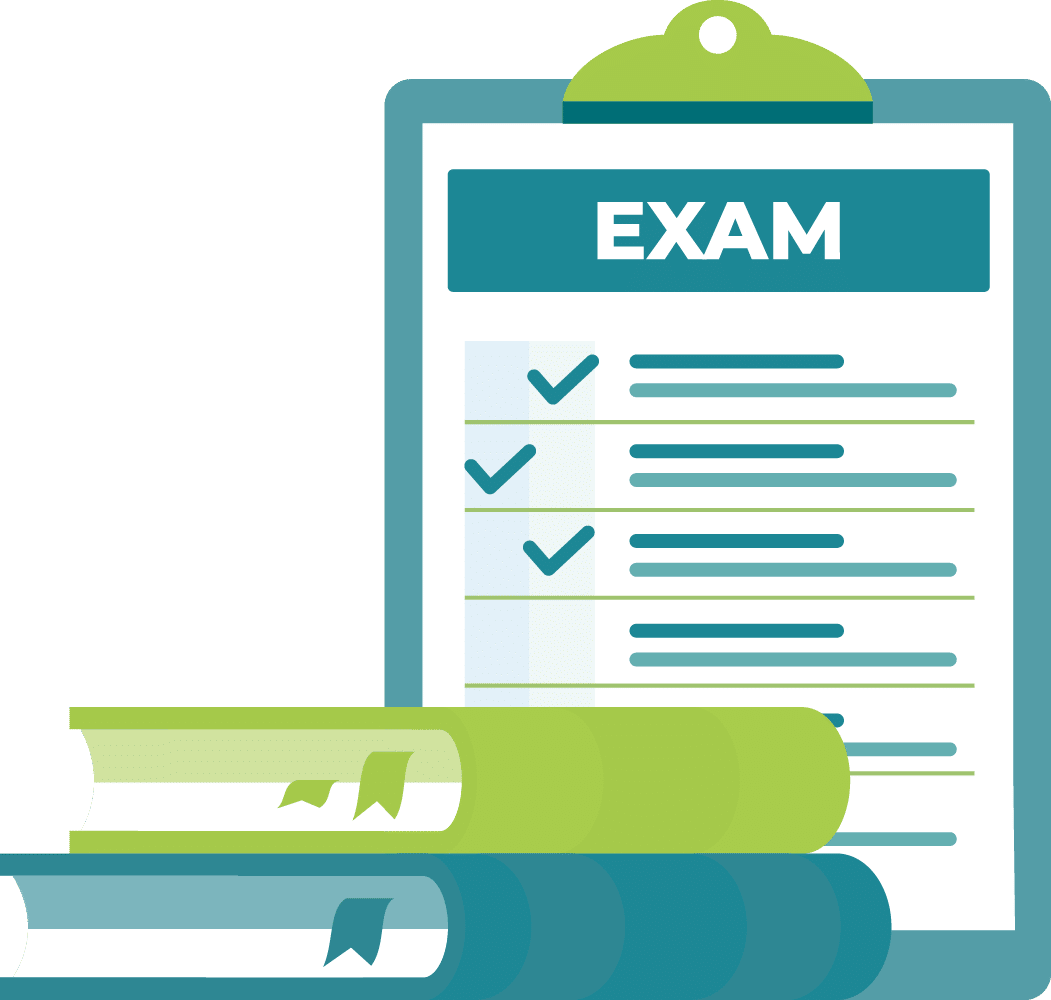 Illustration of a clipboard with an exam checklist and two stacked books in front, representing test preparation or study materials, including essential science resources.