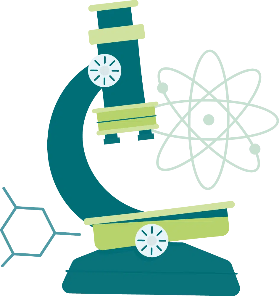 Illustration of a microscope with an atomic model and molecular structure in the background, symbolizing scientific research and access to valuable science resources.