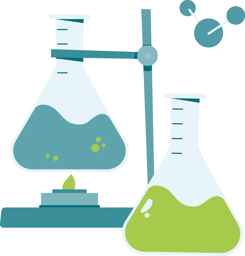 Two laboratory flasks with colored liquids are held by a clamp stand, with a burner below one flask and a molecule diagram in the background, illustrating valuable science resources in action.